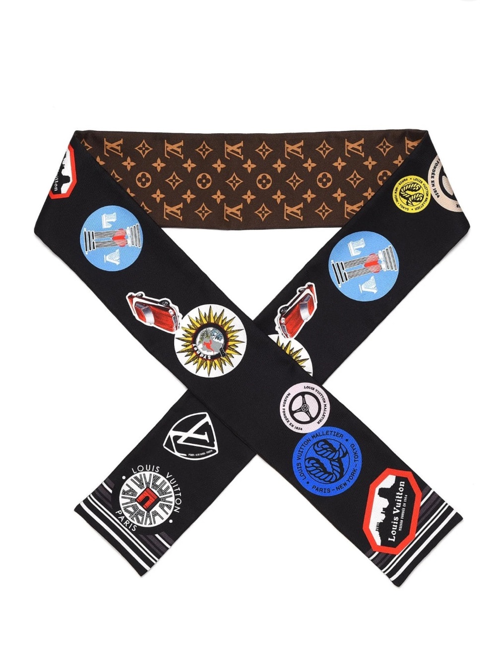 Louis. Vuitton. Monogram World Tour Sticker Bandeau Race Car Paris Scarf